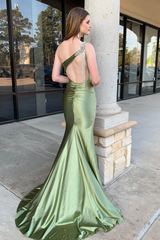 Sage Beaded Mermaid One Shoulder Satin Party Dress with Tassel