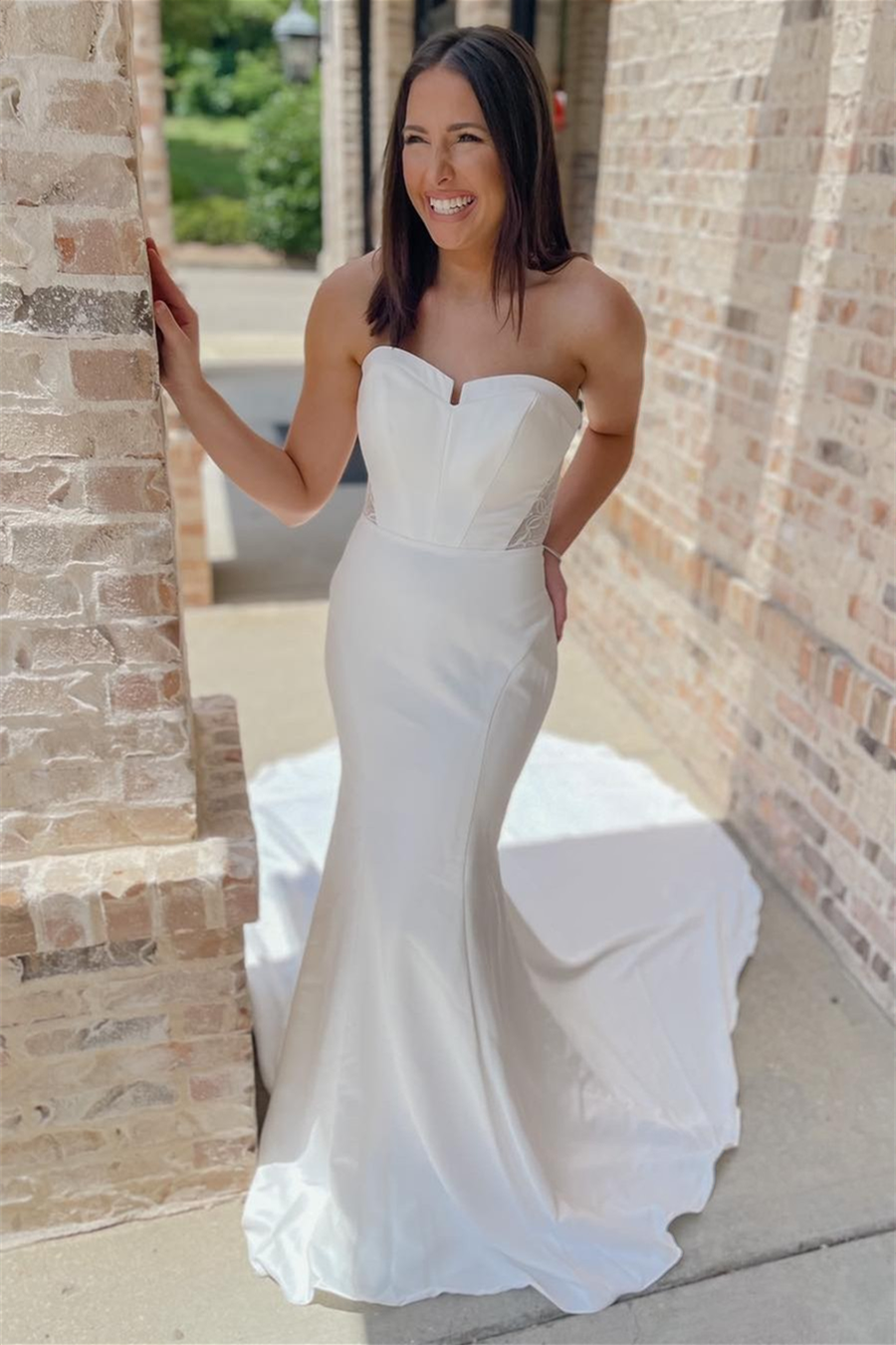 White Strapless Mermaid Long Wedding Dress with Buttons 