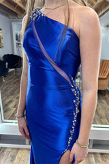 Royal Blue Beaded One-Shoulder Keyhole Mermaid Long Gown with Slit