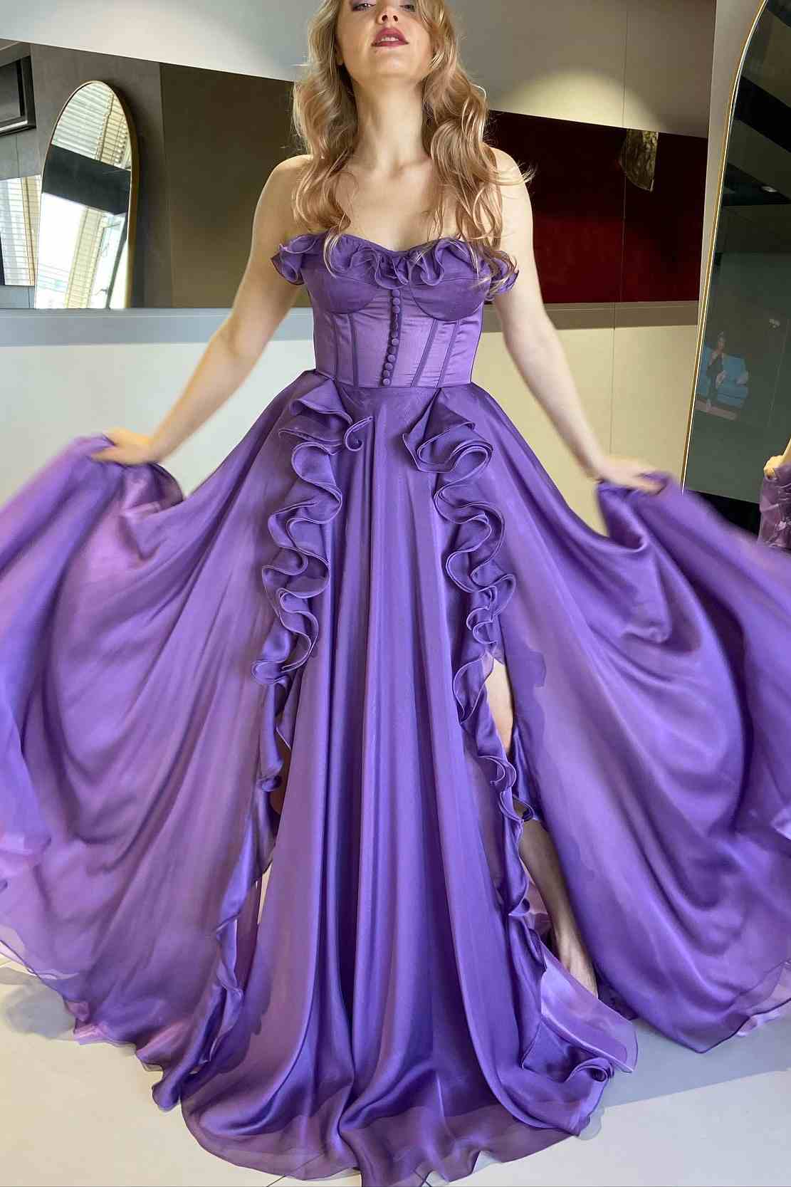 Purple Ruffles Strapless A-Line Slit Long Prom Dress