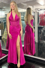 Magenta Halter Sheer Bodice Pleated Gown with Slit