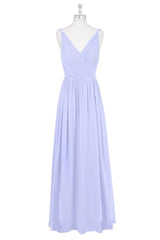 Lavender Deep V Neck Pleated Chiffon Long Bridesmaid Dress with Sash