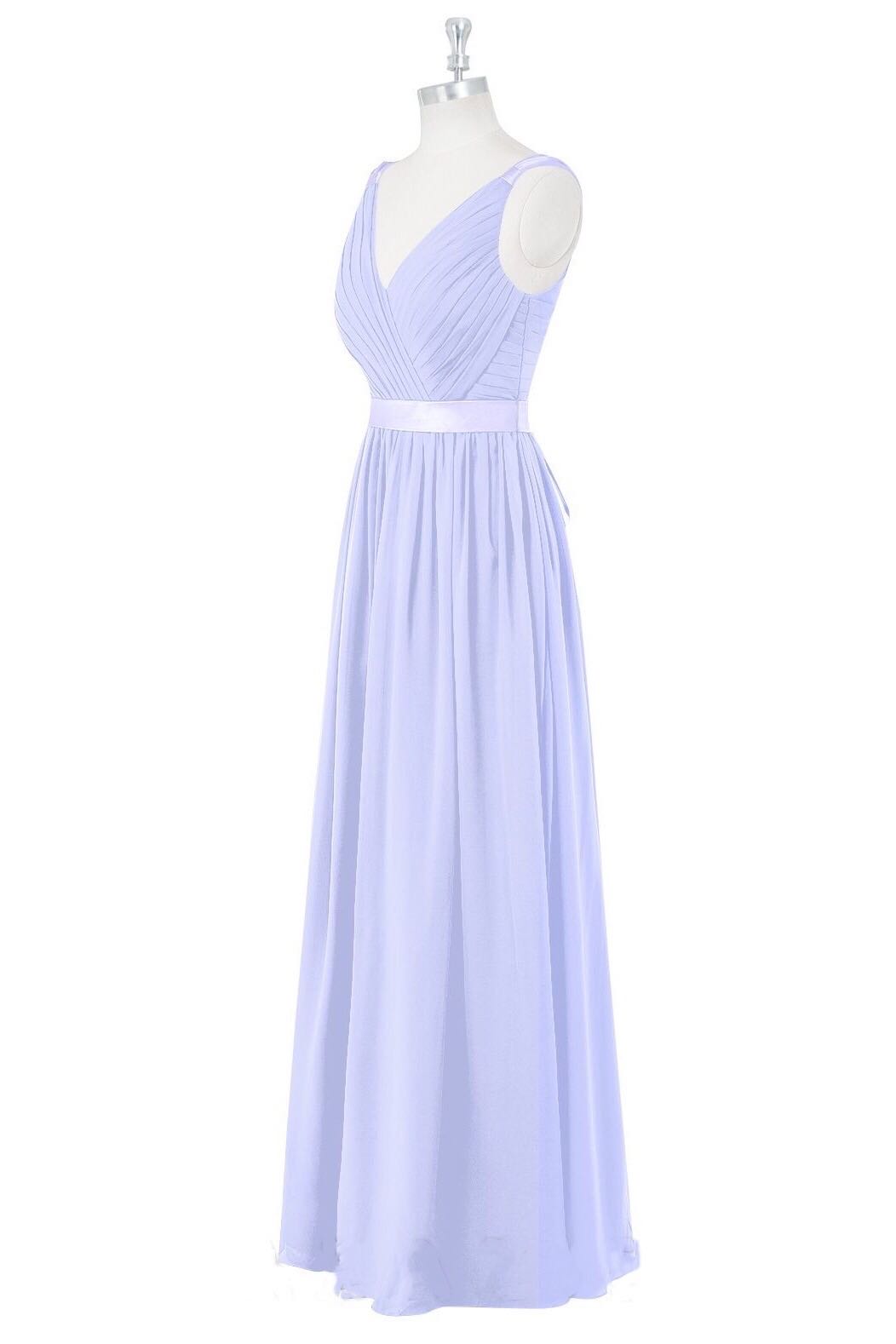 Lavender Deep V Neck Pleated Chiffon Long Bridesmaid Dress with Sash