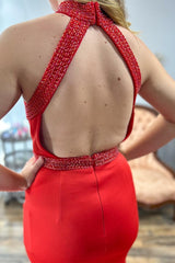 Red Beaded Halter Open Back Trumpet Long Formal Dress