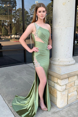 Sage Beaded Mermaid One Shoulder Satin Party Dress