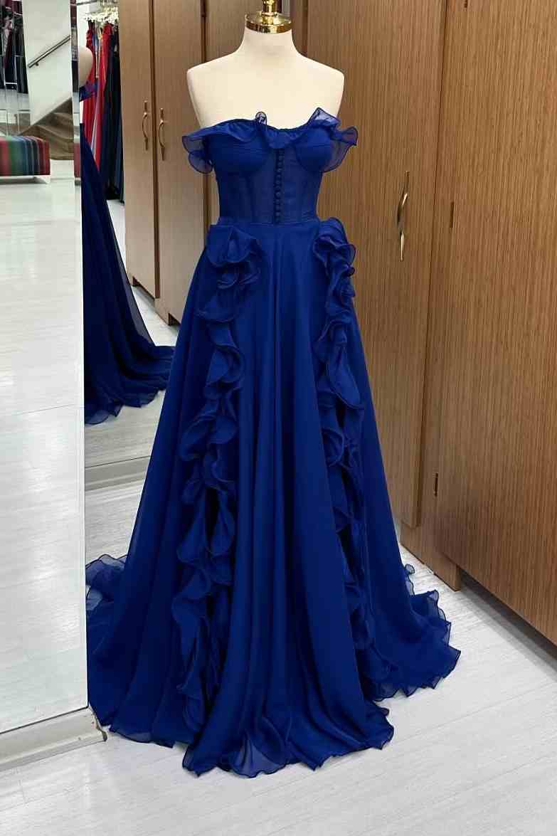 Royal Blue Ruffles Strapless A-Line Slit Long Prom Dress