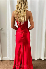 Off-the-Shoulder Strapless Pleated High Slit Satin Red Prom Dress