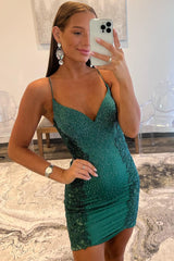 Hunter Green V-Neck Hotfix Dress with Appliques