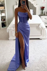 Strapless Off-the-Shoulder Pleated High Slit Satin Purple Prom Dress