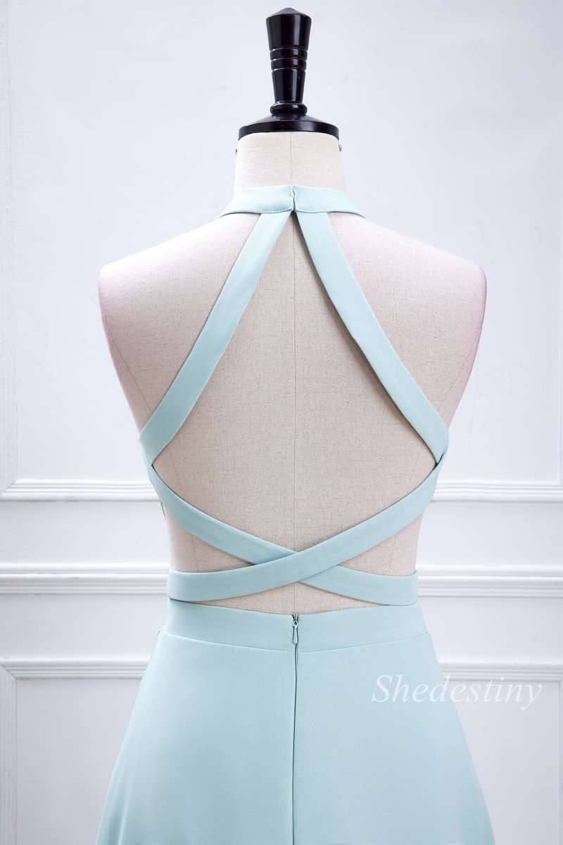 Aqua Blue Halter Cross-Back Maxi Dress with Slit