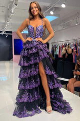 Purple Sequin Lace Scoop Neck Ruffle Tiered Long Dress with Slit