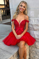 Pink Tulle Off-the-Shoulder Bow Tiered Short Party Dress with Ruffles