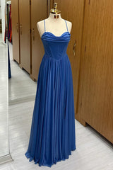 Blue Velvet Cowl Neck Lace-Up A-Line Long Formal Dress