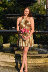 Gold Halter Keyhole A-Line Metallic Short Homecoming Dress