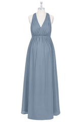 Grey V Neck Pleated Straps Chiffon Long Bridesmaid Dress with Sash