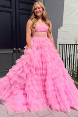 Gold Tulle Sequin Strapless Ruffle Tiered Long Prom Dress