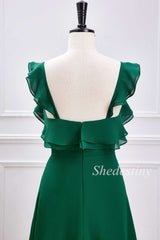 Emerald Ruffle V-Neck A-Line Long Bridesmaid Dress