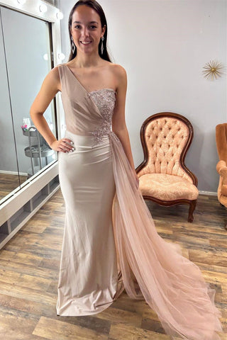 Champagne Appliques One-Shoulder Long Formal Dress with Attached Train
