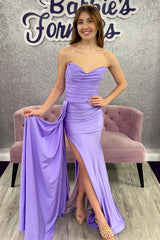 Lavender Strapless Mermaid Long Prom Dress with Slit and Attached Train