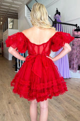 Red Sweetheart A-Line Short Party Dress with Puff Sleeves