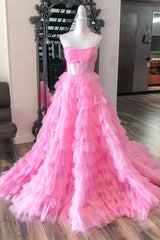 Gold Tulle Sequin Strapless Ruffle Tiered Long Prom Dress