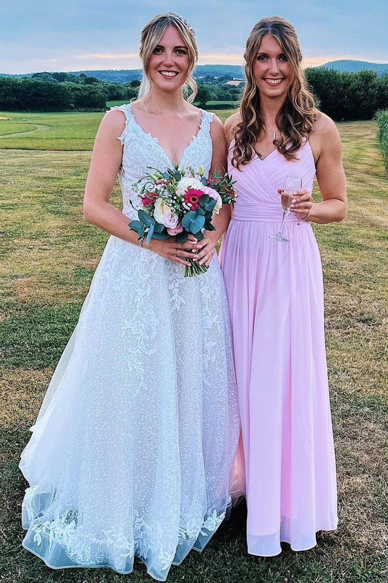 Langes Brautjungfernkleid in Rosa mit Chorhemd und A-Linie aus Chiffon