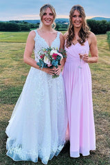 Pink Chiffon Surplice A-Line Long Bridesmaid Dress