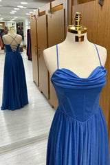 Blue Velvet Cowl Neck Lace-Up A-Line Long Formal Dress