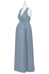 Grey V Neck Pleated Straps Chiffon Long Bridesmaid Dress with Sash