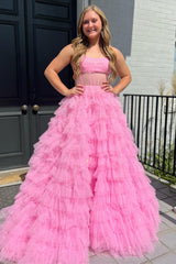 Gold Tulle Sequin Strapless Ruffle Tiered Long Prom Dress