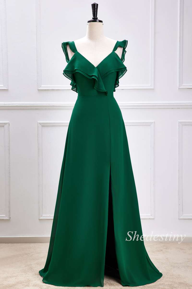 Emerald Ruffle V-Neck A-Line Long Bridesmaid Dress