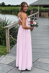 Pink Chiffon Surplice A-Line Long Bridesmaid Dress