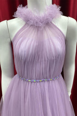 Lilac Tulle Halter A-Line Long Formal Dress