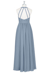 Grey V Neck Pleated Straps Chiffon Long Bridesmaid Dress with Sash