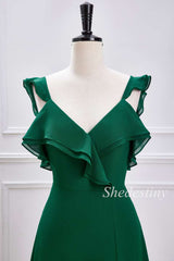 Emerald Ruffle V-Neck A-Line Long Bridesmaid Dress