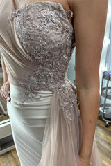 Champagne Appliques One-Shoulder Long Formal Dress with Attached Train