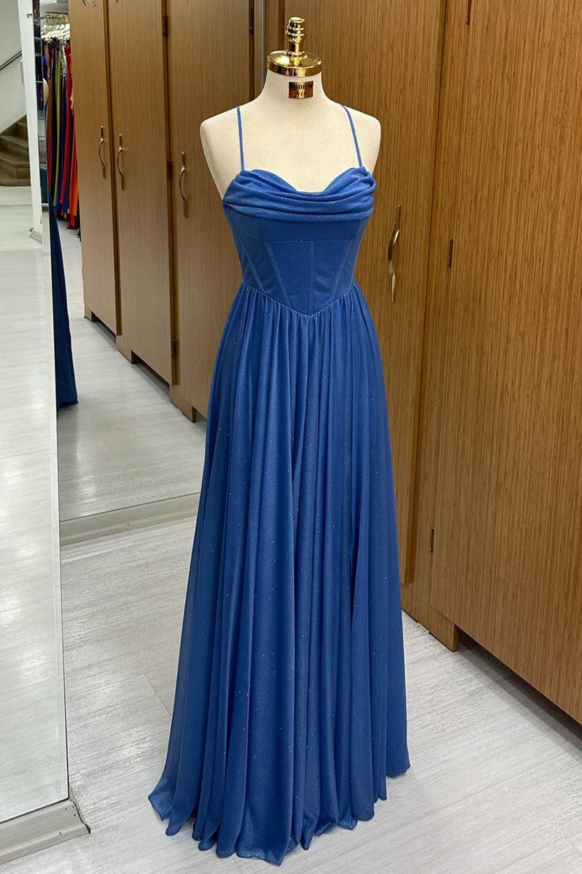 Blue Velvet Cowl Neck Lace-Up A-Line Long Formal Dress