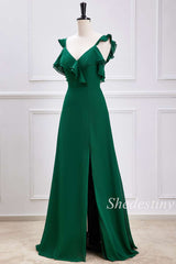 Emerald Ruffle V-Neck A-Line Long Bridesmaid Dress