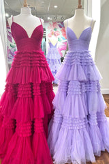 Red Tulle V-Neck Multi-Tiered A-Line Prom Dress