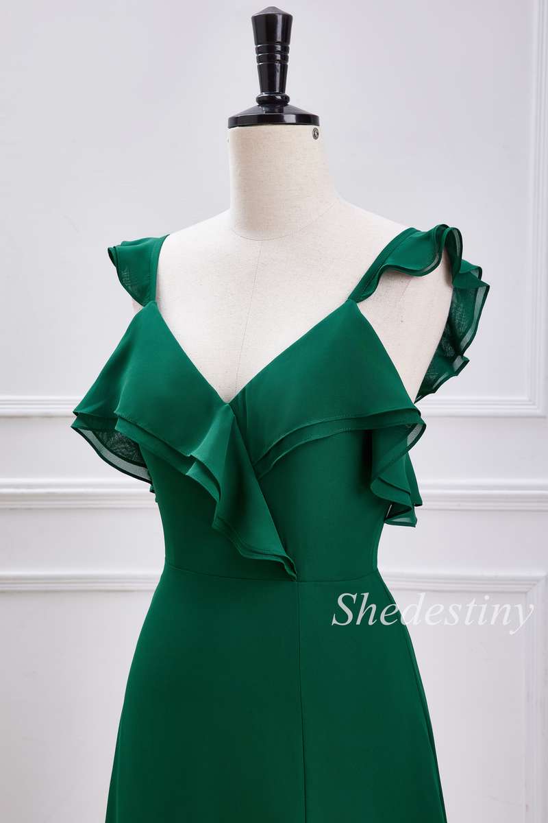 Emerald Ruffle V-Neck A-Line Long Bridesmaid Dress
