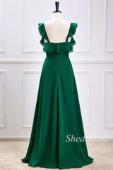 Emerald Ruffle V-Neck A-Line Long Bridesmaid Dress