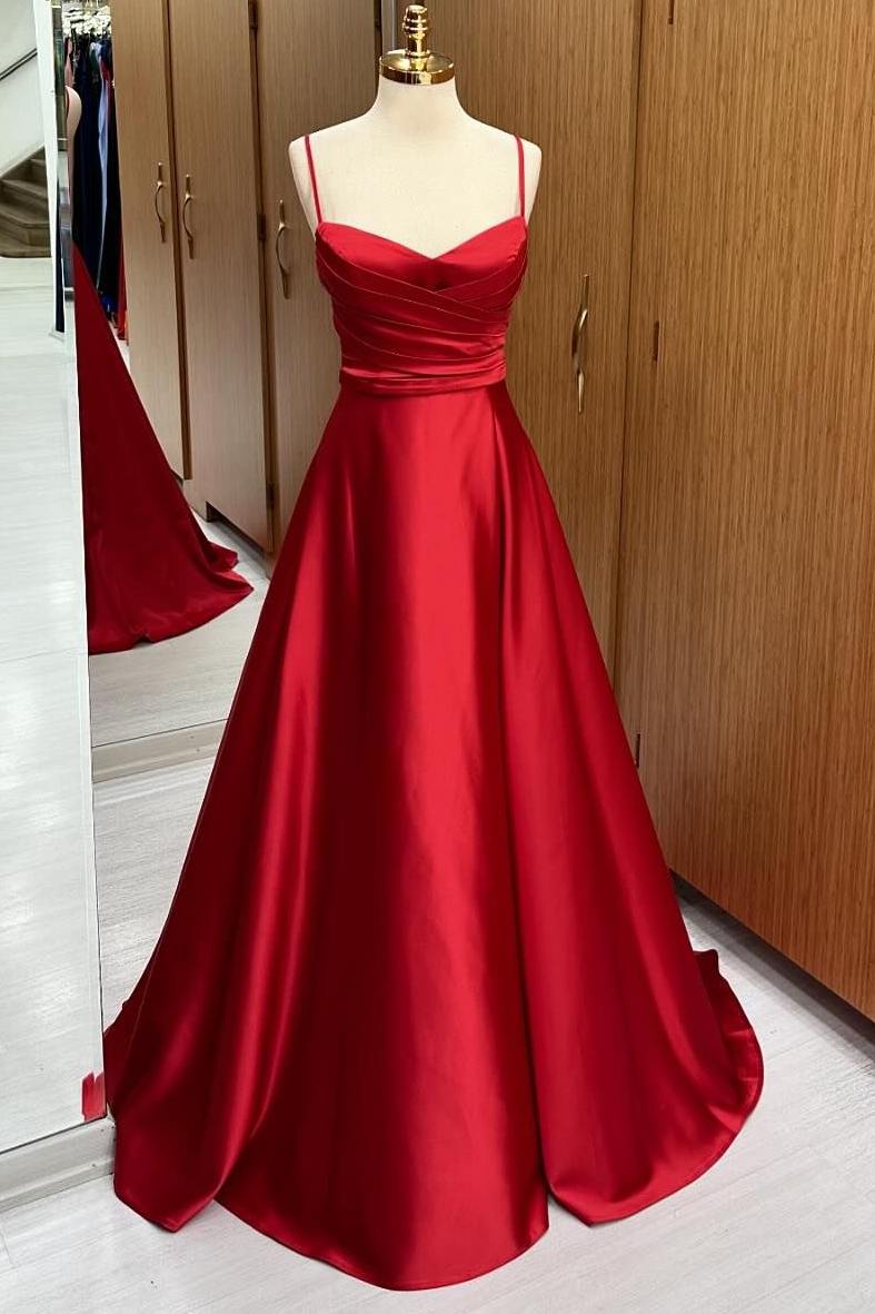 Red Spaghetti Straps Pleated Cowl Neck A-Line Formal Dress with Slit 