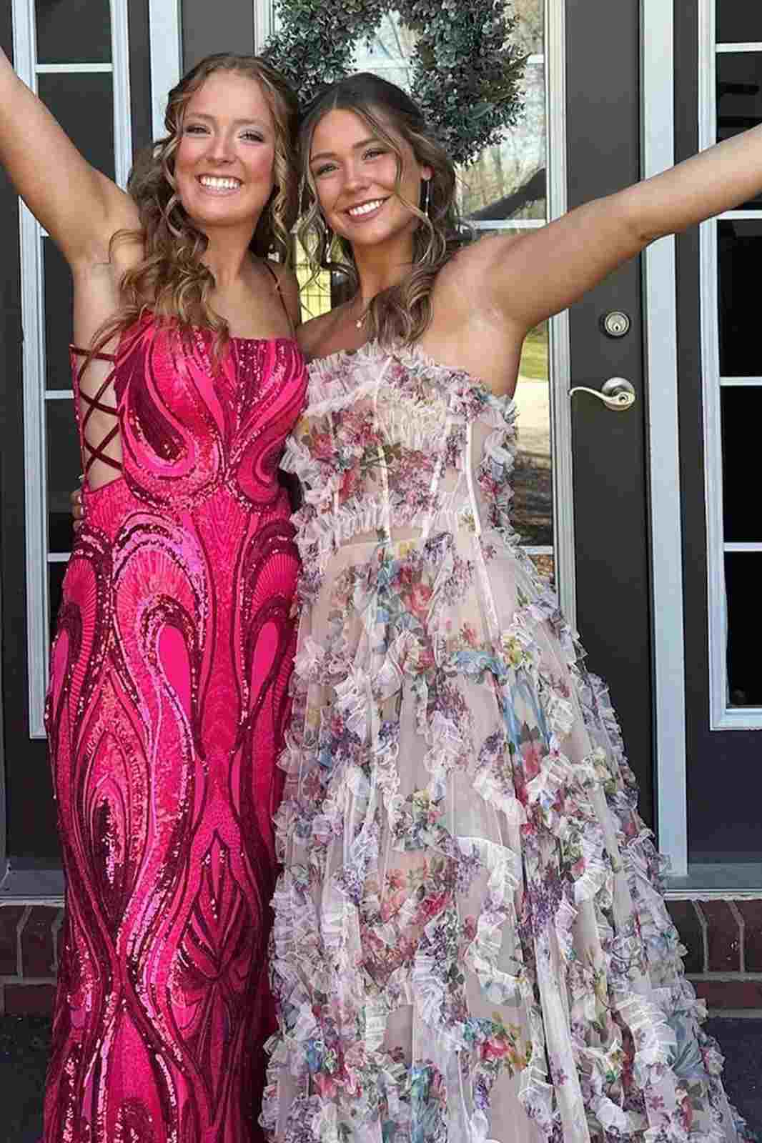 Strapless A-Line Pleated Floral Print  Tulle Prom Dress