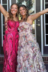 Strapless A-Line Pleated Floral Print  Tulle Prom Dress