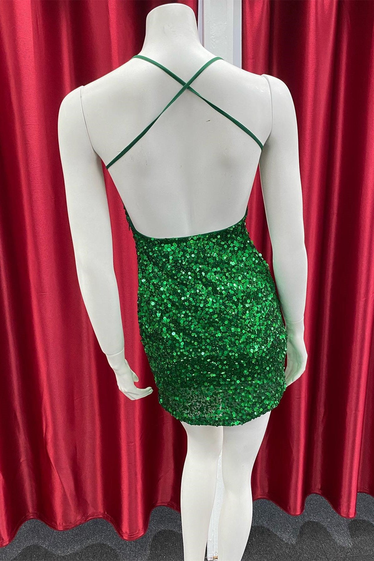 Green Sequin Spaghetti Strap Tight Short Party Dress