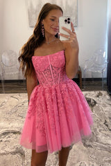 Hot Pink Appliques Strapless A-Line Short Homecoming Dress