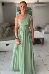 One-Shoulder Dusty Sage Ruffles A-Line Long Bridesmaid Dress