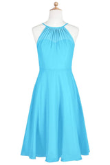 Pool Blue Halter Straps Chiffon Mini Bridesmaid Dress