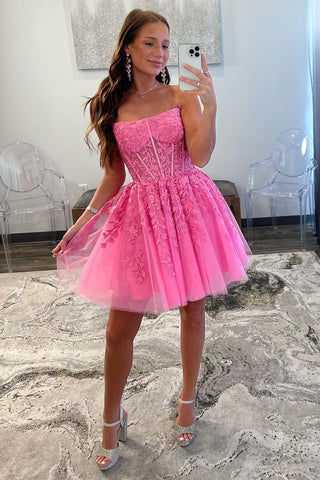 Hot Pink Appliques Strapless A-Line Short Homecoming Dress
