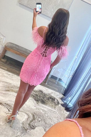 Pink Lace Feathers Cold-Shoulder Short Homecoming Dress